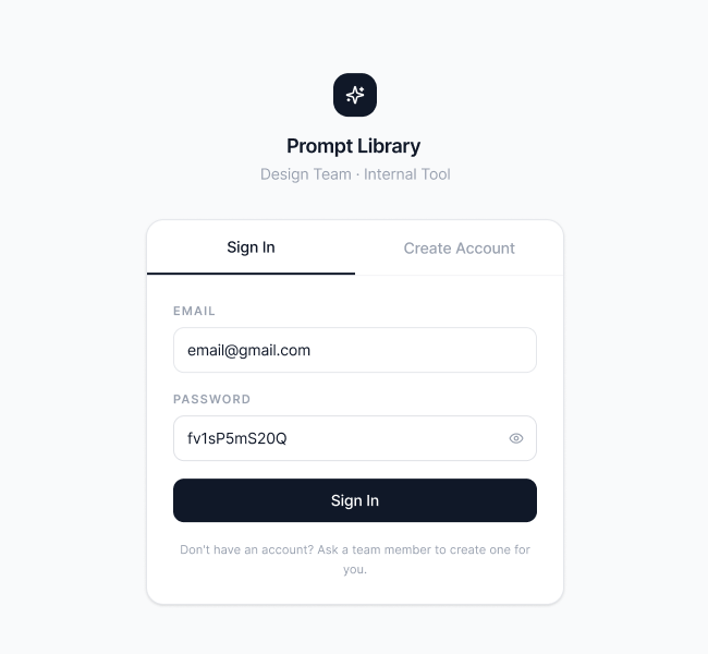 Prompt Library sign-in screen — Design Team · Internal Tool, email + password fields, Sign In CTA