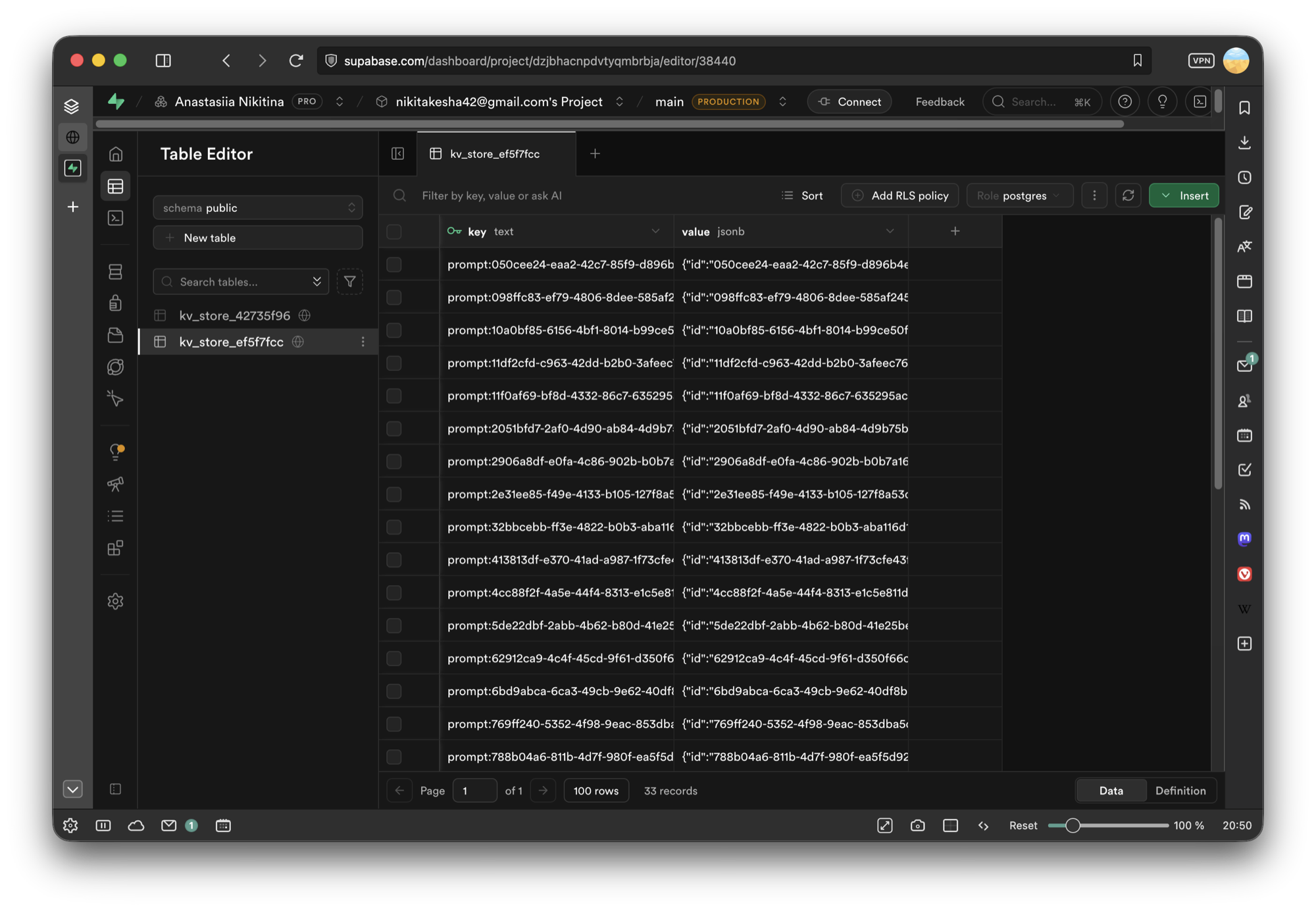 Supabase Table Editor — the key-value store holding every saved prompt
