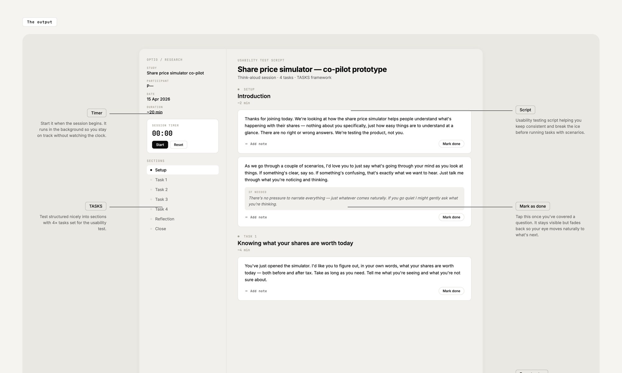 Usability Test for the Share price simulator co-pilot — annotated output showing the live HTML moderator script with sidebar (study, participant, date, duration, session timer, seven sections from Setup through Close), the Setup introduction script with read-aloud framing and an If-needed prompt, plus Task 1 (knowing what your shares are worth today) with Add-note and Mark-done controls. Generated with Claude using the RTCCF + TASKS framework.