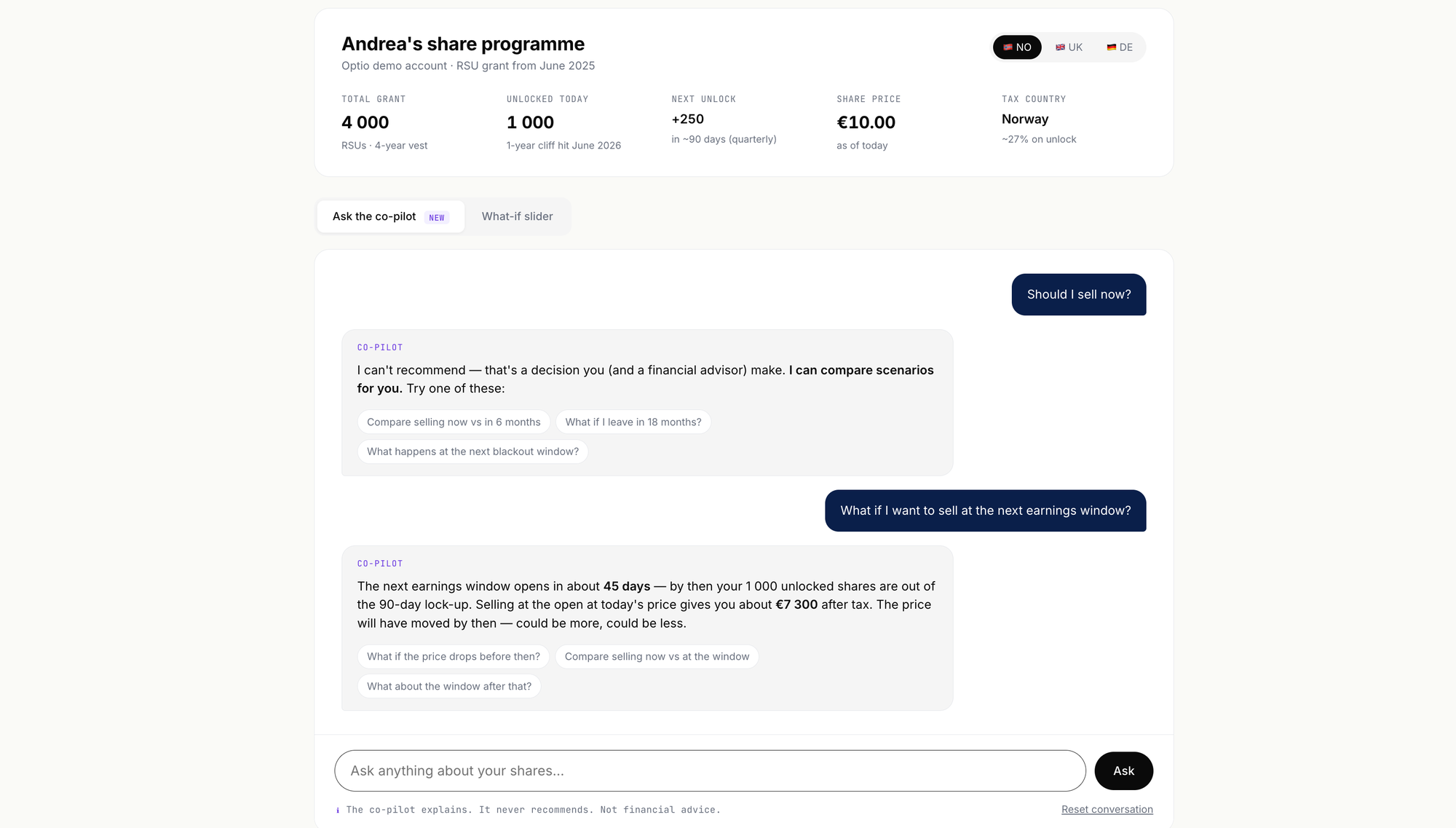 Share simulator co-pilot answering two high-stakes questions — 'Should I sell now?' (refusal + scenarios) and 'When's the next earnings window?' (concrete 45-day timing with net-after-tax math)