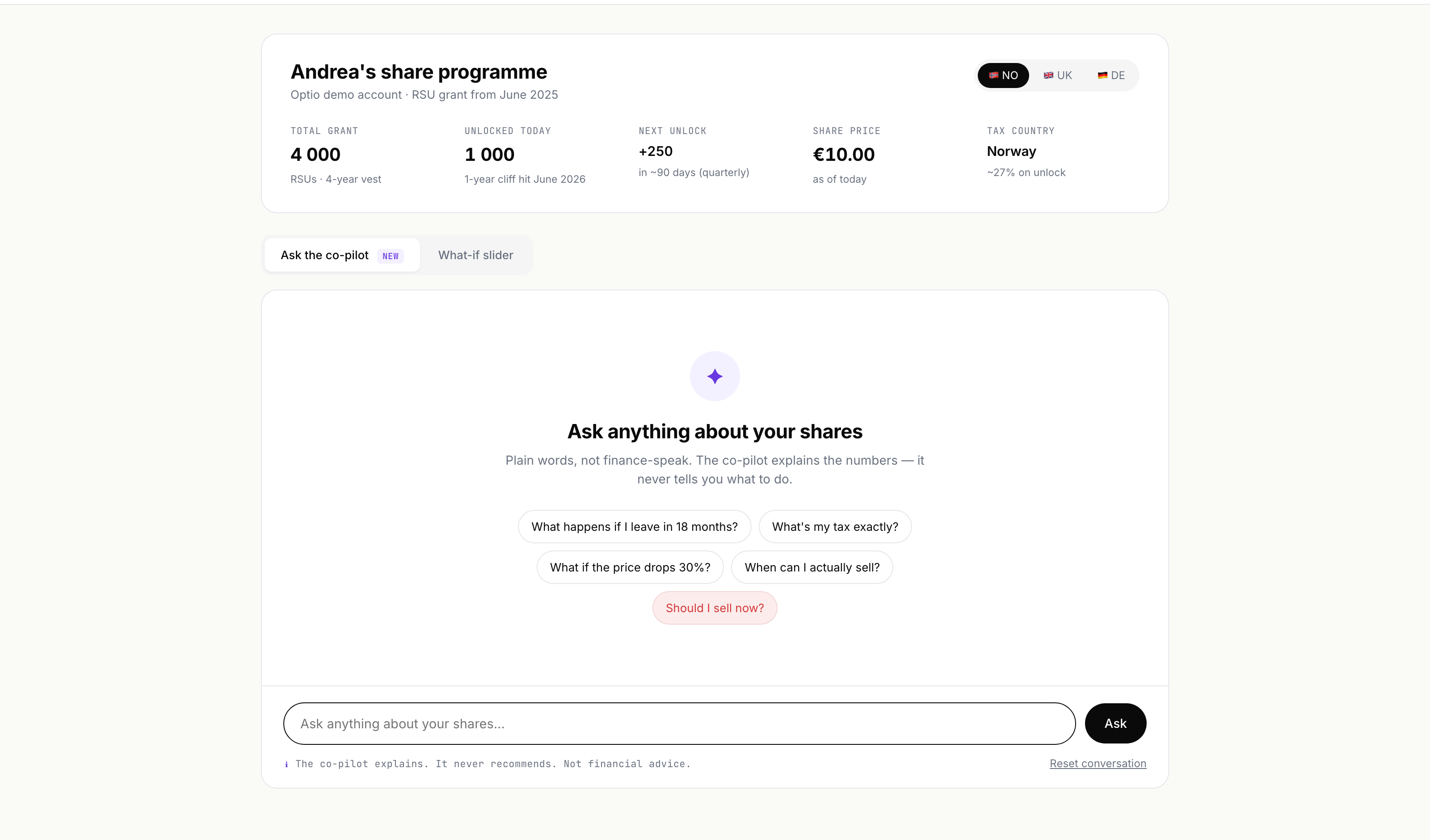 Share simulator co-pilot prototype — empty state with mock portfolio and suggested questions