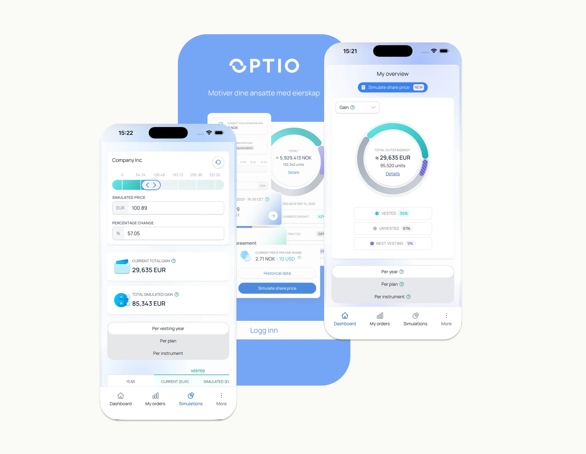 The Optio mobile app — loading, dashboard and simulations, all from the same component library that powered the web portal